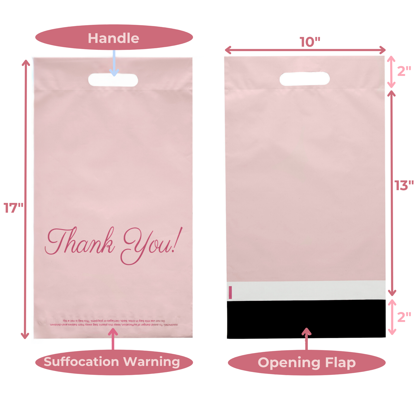 Pink Poly Mailers with Handle 10x13, 100 Pack